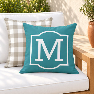 Coussin Monogramme Classique sur Support Blanc Sarcelle