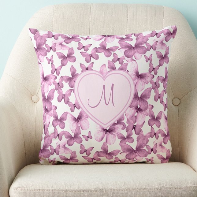 Coussin Monogramme Cœur Papillon Rose (Créateur téléchargé)