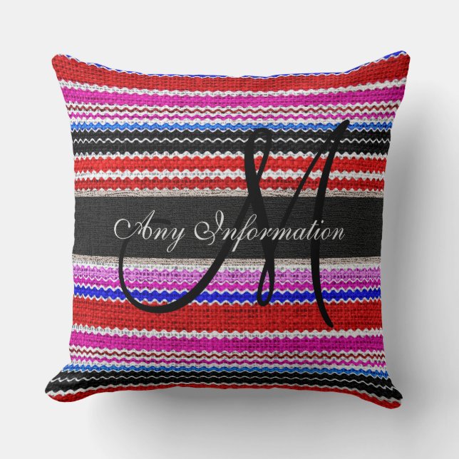 Coussin Monogramme coloré Chevron rayures Burlap Rustique (Recto)