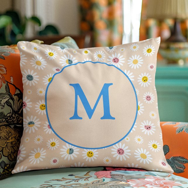 Coussin Monogramme coloré Souriant Faisée personnalisée (Colourful Monogram Smiling Daisy personalised Throw Pillow)