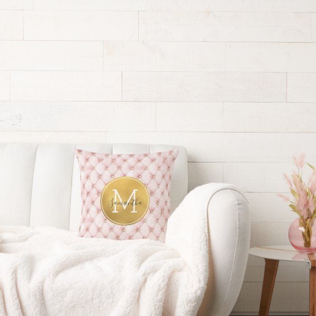 Coussin Monogramme Confetti Aquarelle Rose Féminin Or (Canapé)