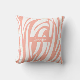 Coussin Monogramme Corail rose rayé Zèbre motif tendance