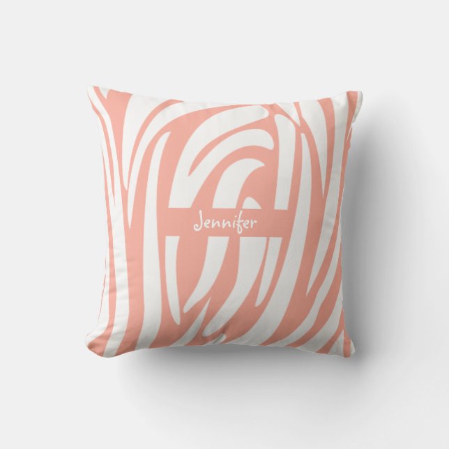 Coussin Monogramme Corail rose rayé Zèbre motif tendance (Recto)