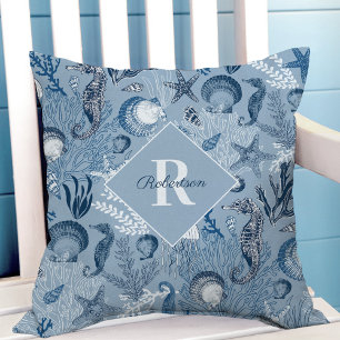Coussin Monogramme côtier Océan bleu Vie marine