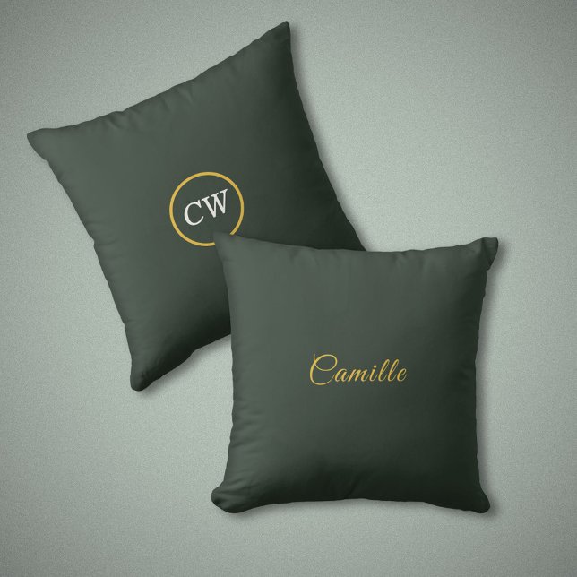 Coussin Monogramme couleurs or et vert forêt (Stylish Gold & Forest Green Monogram Pillow)
