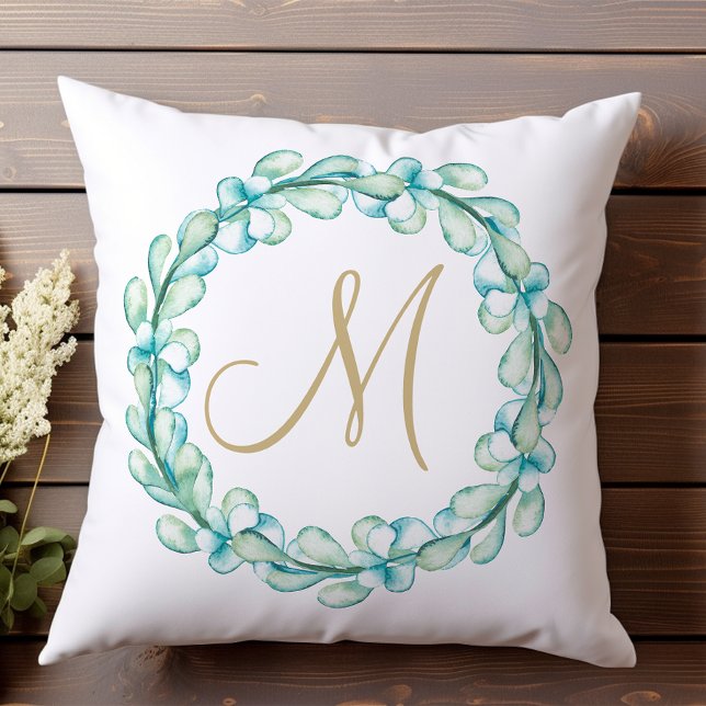 Coussin Monogramme Couronne Eucalyptus Aquarelle Pastel (Créateur téléchargé)