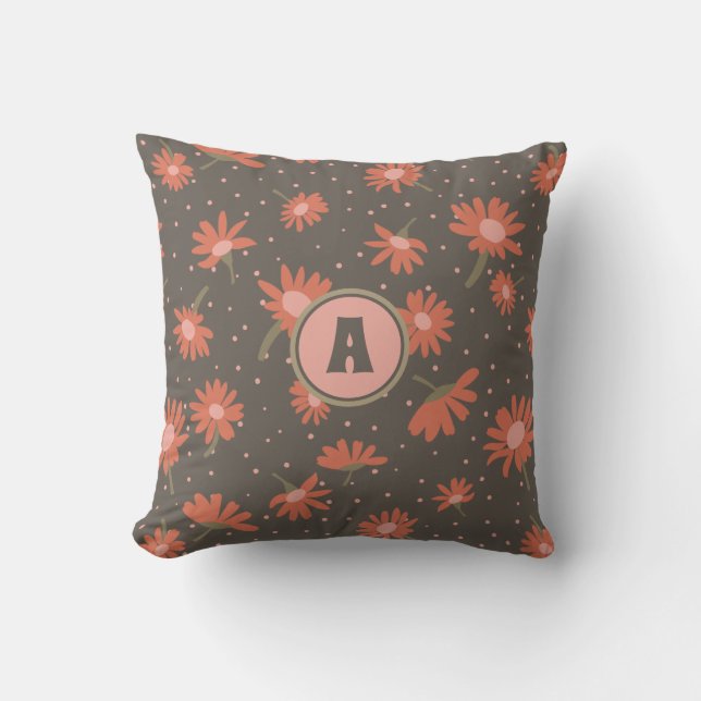 Coussin Monogramme Daisies Coral rose Brown Fleur Motif (Recto)