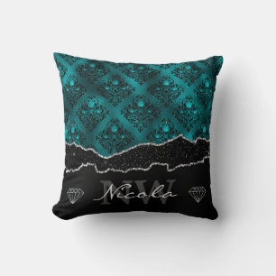 Coussin Monogramme damassé pailleté ombré sarcelle et noir