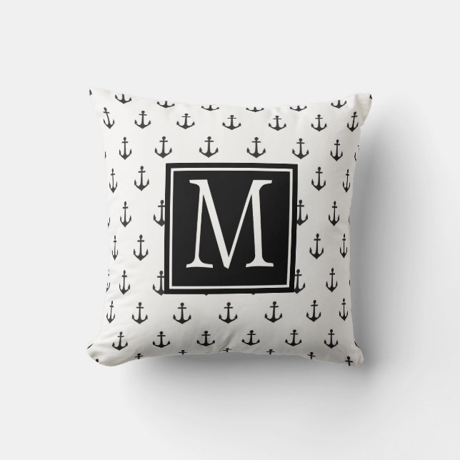 Coussin Monogramme d'Ancre nautique noir et blanc (Recto)
