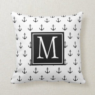 Coussin Monogramme d'Ancre nautique noir et blanc