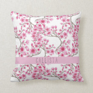 Coussin Monogramme d'aquarelle florale de fleurs de cerisi
