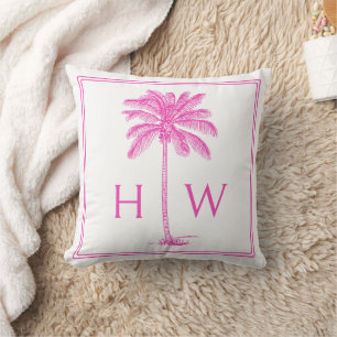 Coussin Monogramme d'arbre de palmier rose et blanc