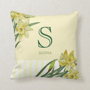 Coussin Monogramme d'art floral des jonquilles d'aquarelle