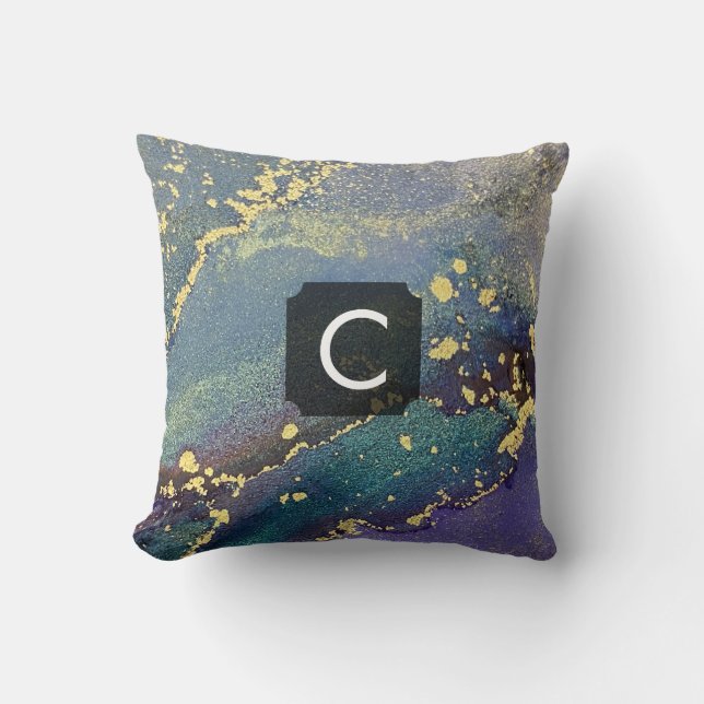 Coussin Monogramme d'art liquide violet, sarcelle et or (Recto)