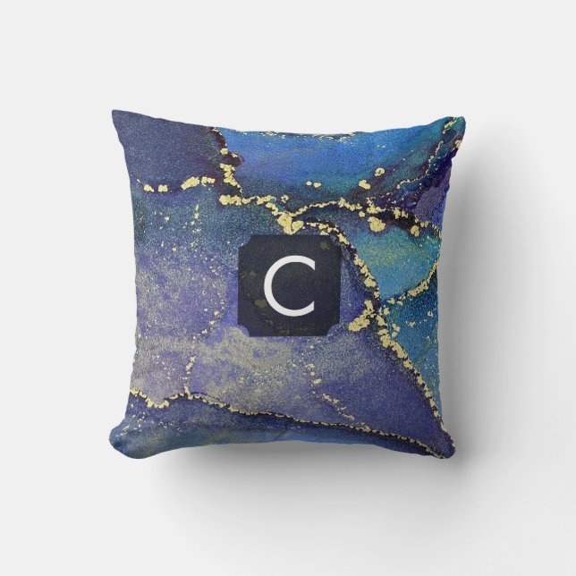 Coussin Monogramme d'art Turquoise et liquide d'or bleu vi (Recto)