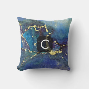 Coussin Monogramme d'art Turquoise et liquide or bleu viol