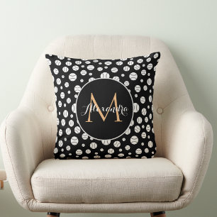 Coussin Monogramme de baseball noir et blanc Nom personnal