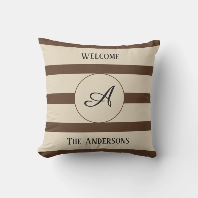 Coussin Monogramme de bienvenue Nom de famille Brown bande (Recto)