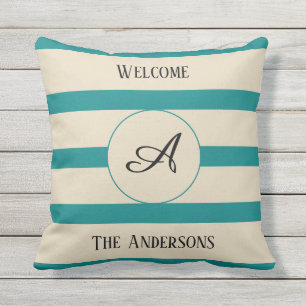 Coussin Monogramme de bienvenue Nom de famille Turquoises