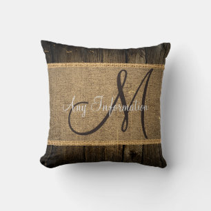 Coussin Monogramme de bois rustique en toile de jute vinta
