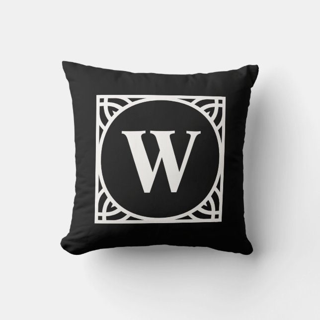 Coussin Monogramme de bordure élégant noir et blanc (Recto)