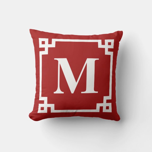 Coussin Monogramme de bordure rouge et blanc moderne grecq (Recto)