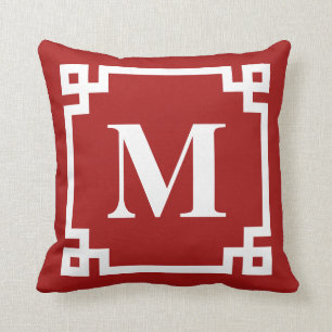 Coussin Monogramme de bordure rouge et blanc moderne grecq