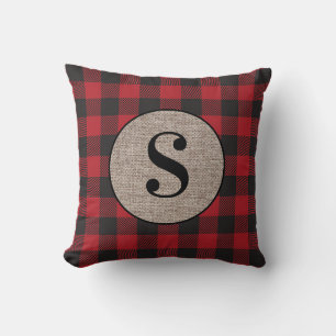 Coussin Monogramme de Burlap Russe Plaid de Buffle Noir Ro