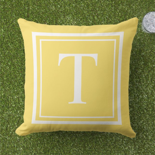 Coussin Monogramme de cadre carré blanc jaune vif (Herbe)