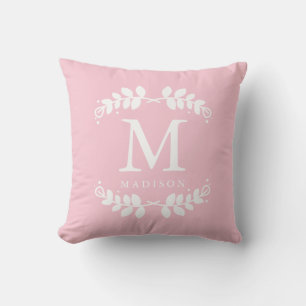 Coussin Monogramme de cadre floral rose rose