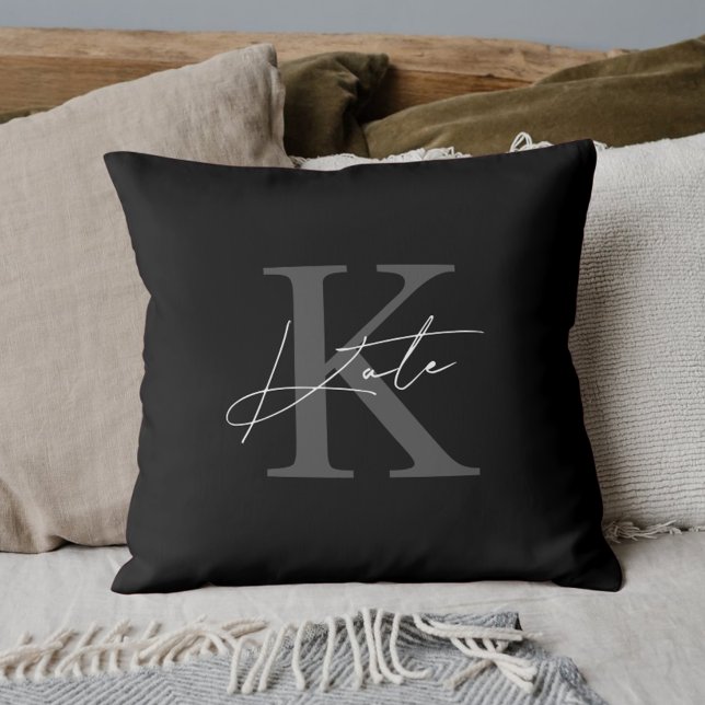 Coussin Monogramme de calligraphie noire moderne (Créateur téléchargé)