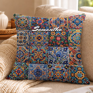Coussin Monogramme de carreaux de Talavera rouges jaunes é