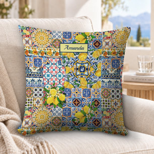 Coussin Monogramme de carreaux méditerranéens orange chic