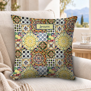 Coussin Monogramme de carreaux méditerranéens orange chic