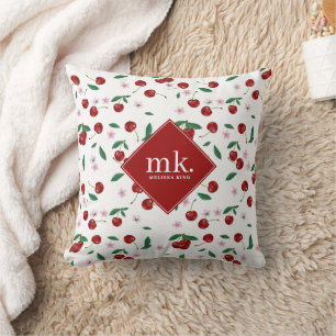 Coussin Monogramme de cerises rouges, de verdure et de fle