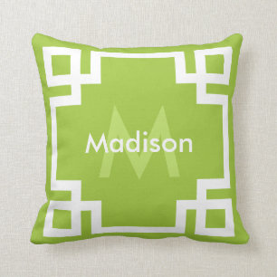 Coussin Monogramme de clé grecque blanche verte Lime