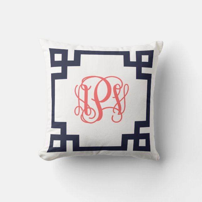 Coussin Monogramme de clé grecque marine et corail APV (Recto)