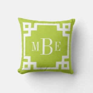 Coussin Monogramme de clé grecque verte et blanche d'Apple