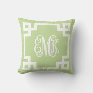 Coussin Monogramme de clé grecque verte et blanche de la m