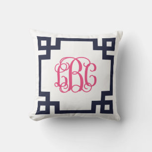 Coussin Monogramme de clé marine et rose grecque LBC
