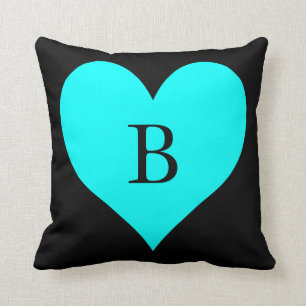 Coussin Monogramme de coeur noir et aqua