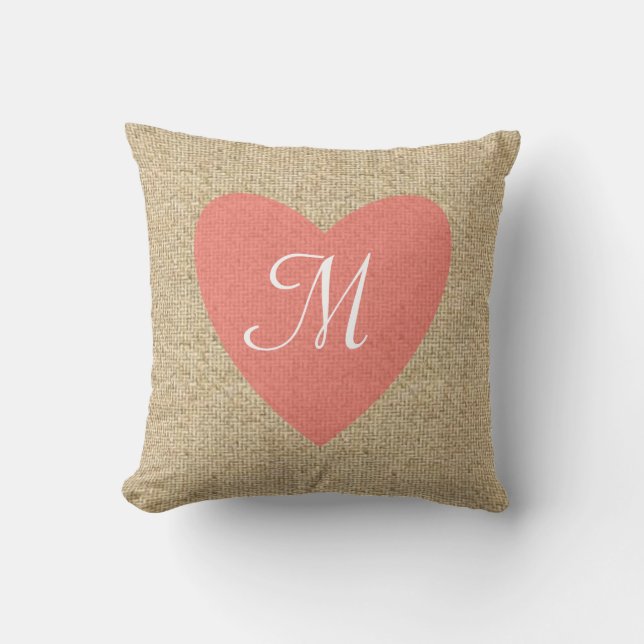 Coussin monogramme de coeur rose burlap personnali (Recto)