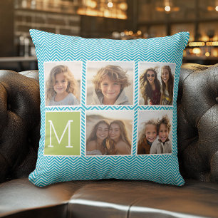 Coussin Monogramme de collection de photos Aqua et Lime In
