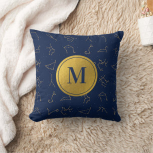 Coussin Monogramme de constellations de Zodiac bleu or et