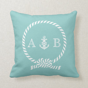 Coussin Monogramme de corde marine et de Ancre verte à la