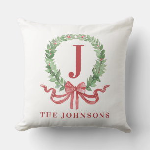 Coussin Monogramme de couronne de Noël avec nom