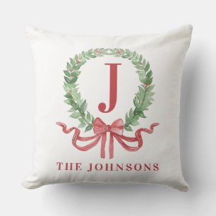 Coussin Monogramme de couronne de Noël avec nom