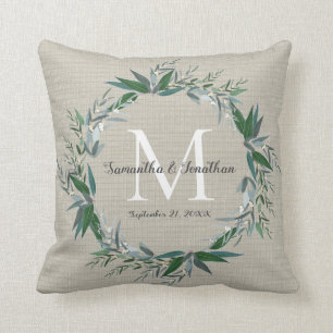 Coussin Monogramme de couronne d'eucalyptus Mariage Chic G