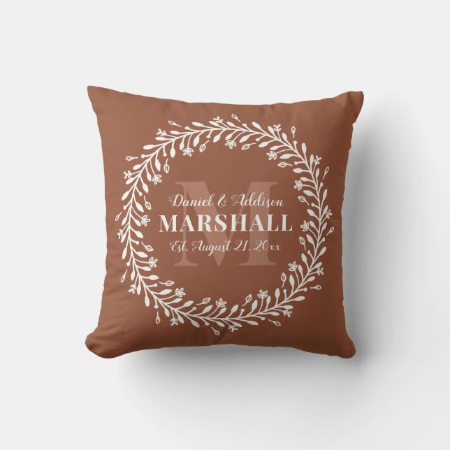 Coussin Monogramme de couronne orange de mariée à nouveau (Recto)