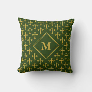 Coussin Monogramme de CROIX d'or vert moderne